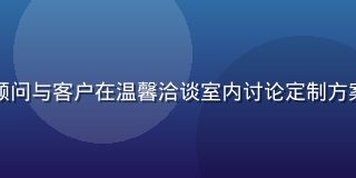 高柳家私人定制服务场景，顾问与客户在温馨洽谈室内讨论定制方案，桌上摆有样品与设计图稿