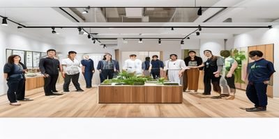 高柳家定制化产品展示台，多种颜色与纹理的样品整齐排列，顾客在专业顾问陪同下选择，体现个性化服务