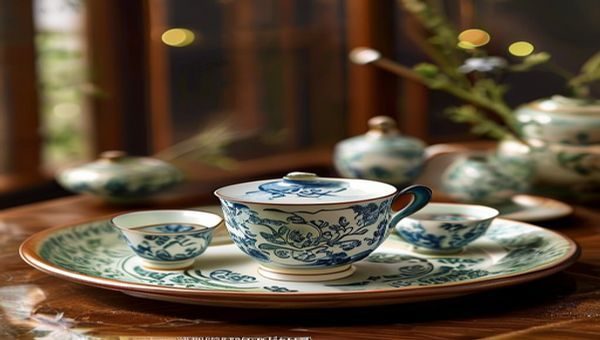 高柳家旗舰系列手工茶具套装，青瓷釉色温润，置于竹制茶盘上，背景为高柳家品牌展厅，光线柔和典雅
