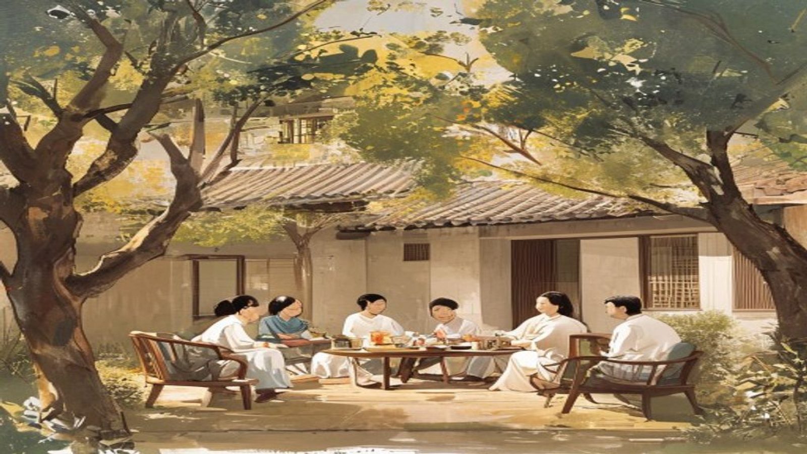 高柳家品牌形象大图，温暖柳树庭院中一家人围坐品茗，画面暖色调充满人文气息，展现高柳家传承与匠心的品牌精神